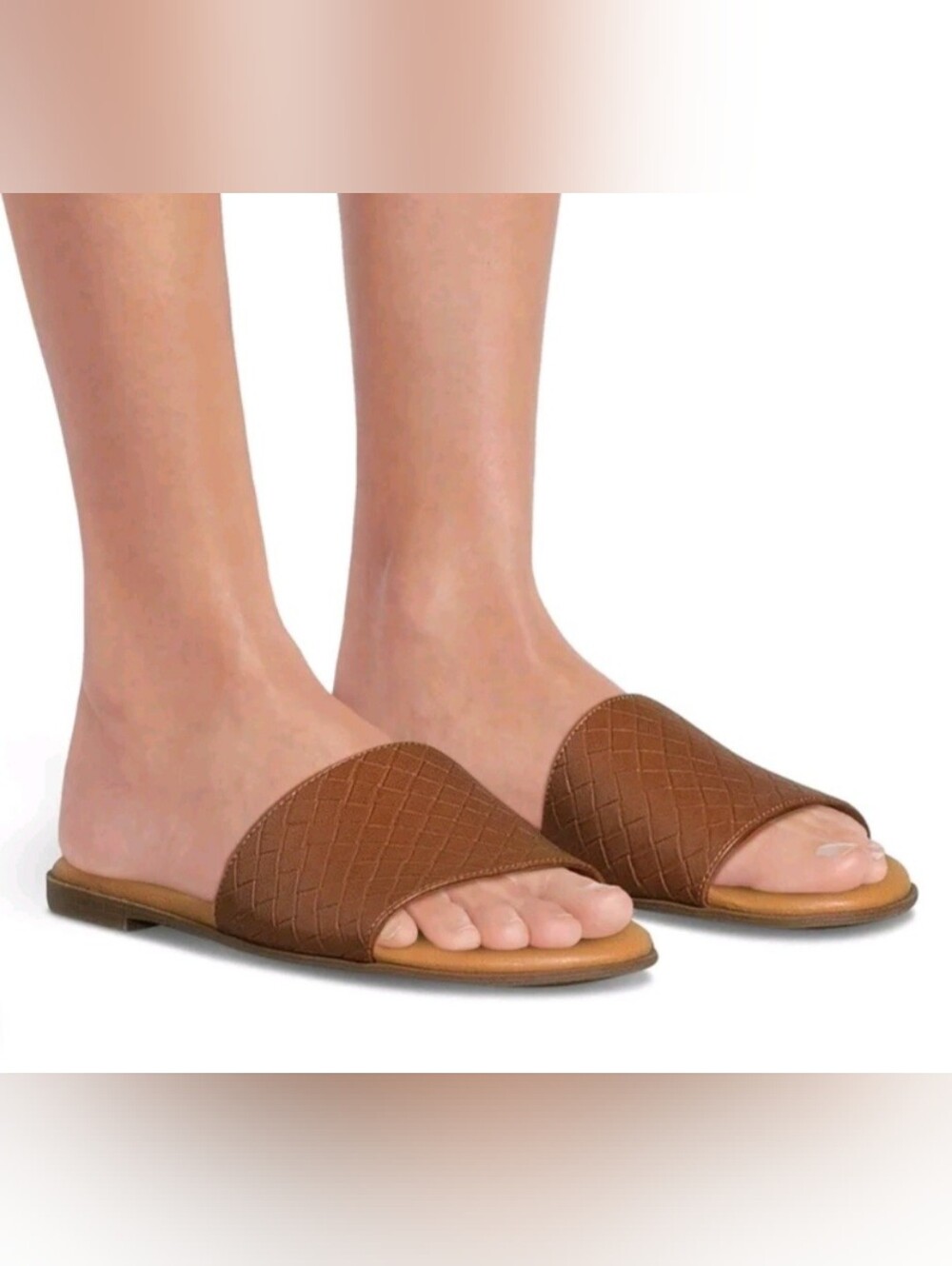 Time And Tru Womens Sz 11 Cognac Woven Flat Slides Slip On Sandals Summer Fall